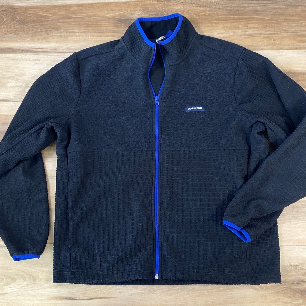 Lands' End Fleece Jacket Mens Large Full Zip Grid Textured Black Blue